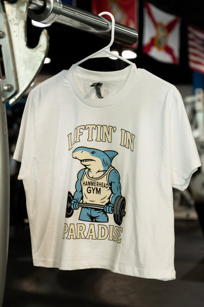 Womens Cropped Shark Lifting in Paradise T-Shirt